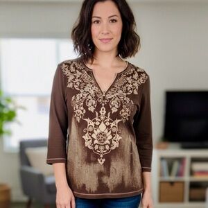 Elegant Brown Embellished Long Sleeve Top